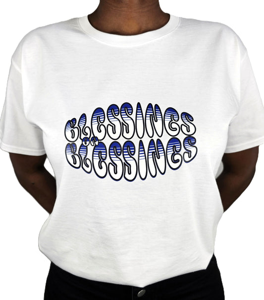 White t-shirt with 'Blessings on Blessings' text design on a white background