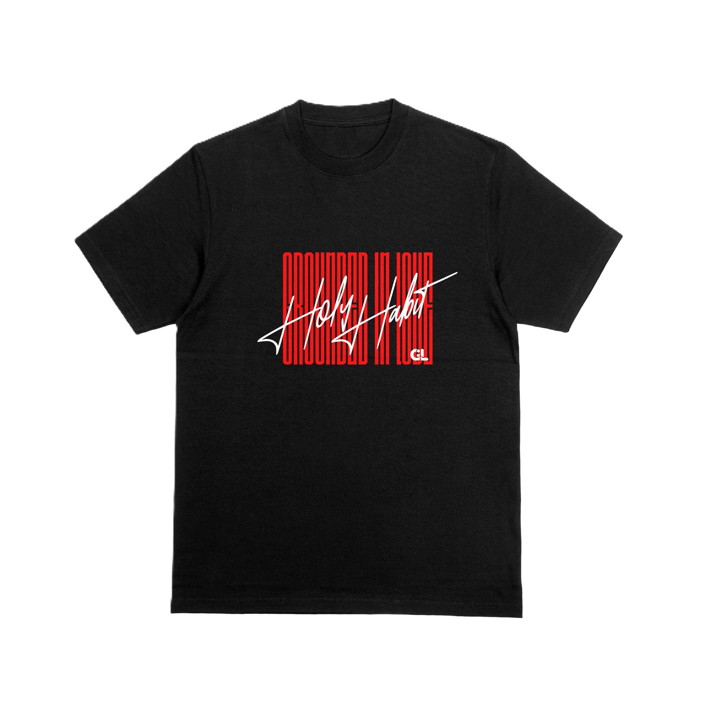 Black t-shirt with red and white graphic design on a white background
