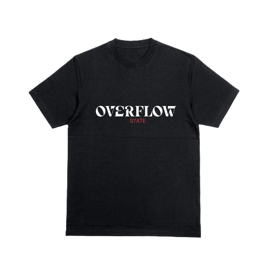 Black t-shirt with 'Overflow State' with white and red text