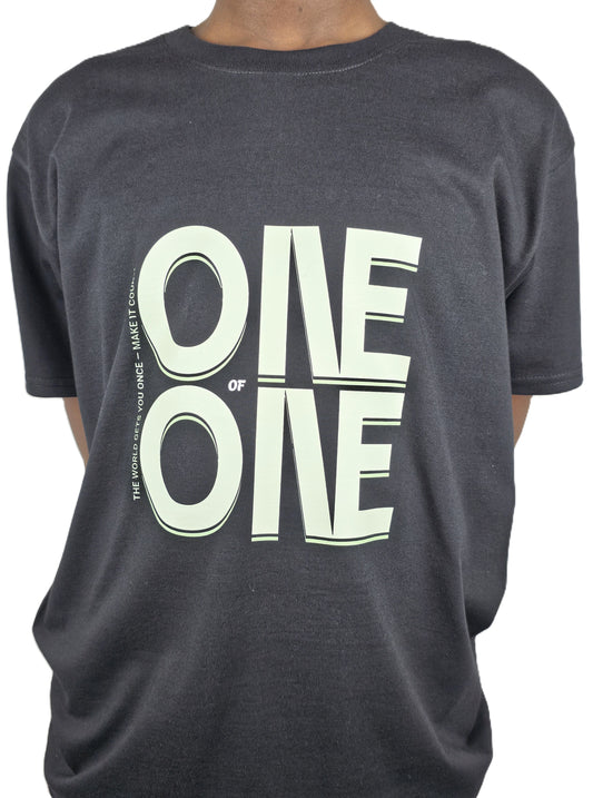 Black t-shirt with 'ONE OF ONE' text design on a plain background