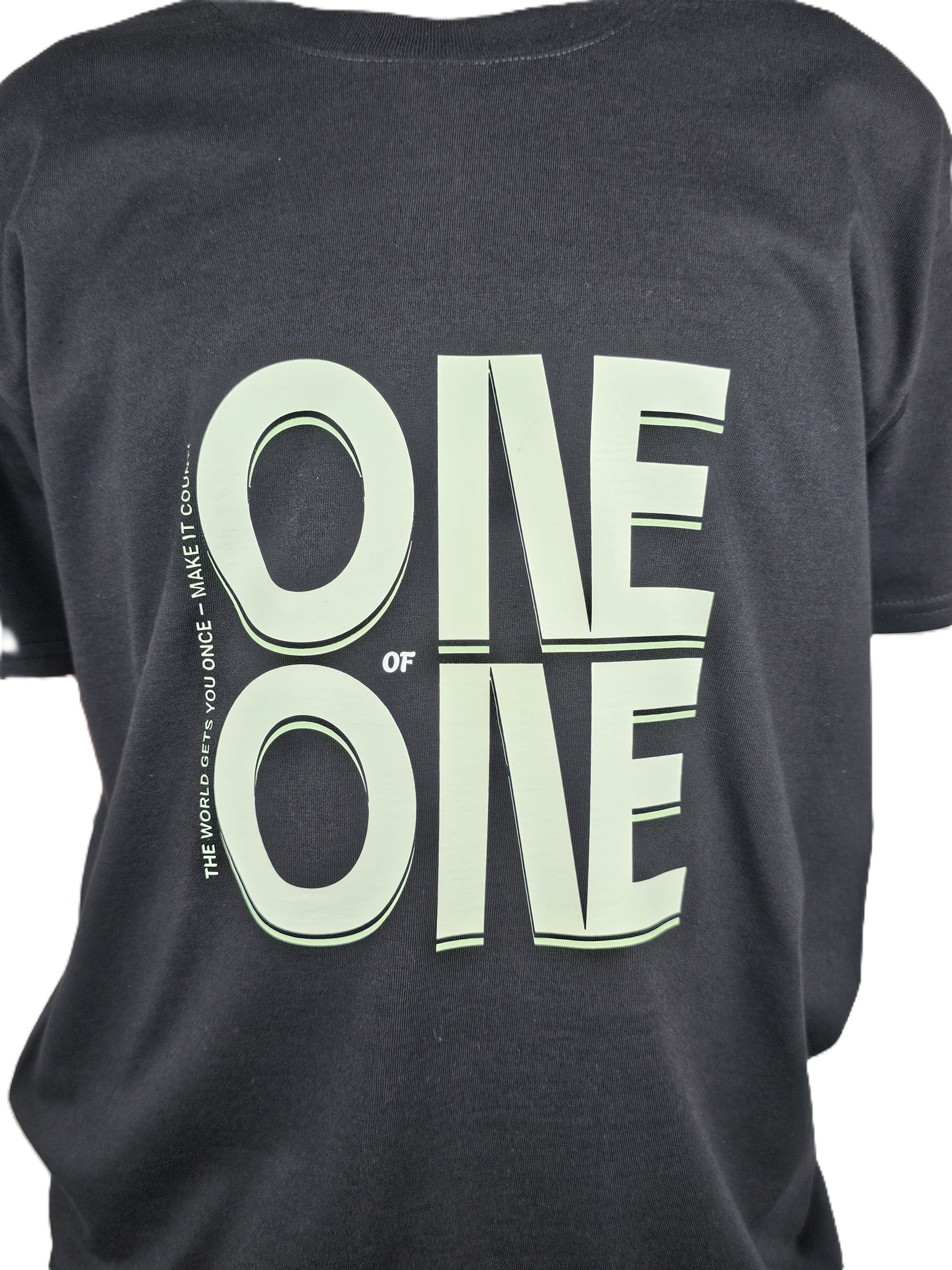 Black t-shirt with 'ONE OF ONE' text design on a plain background