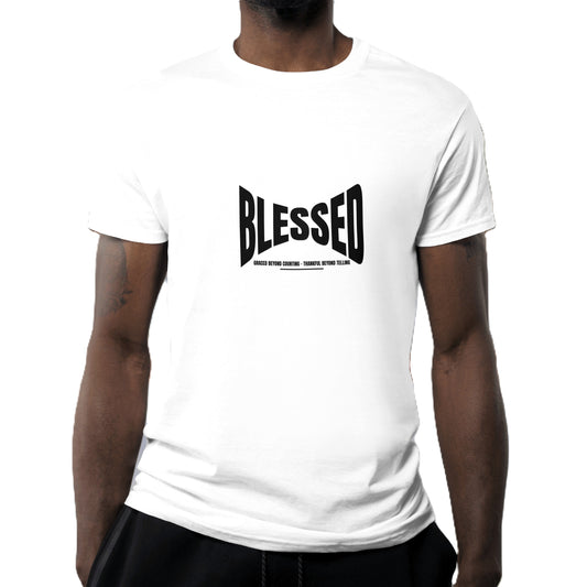 Person wearing a white t-shirt with 'BLESSED' printed on it against a white background