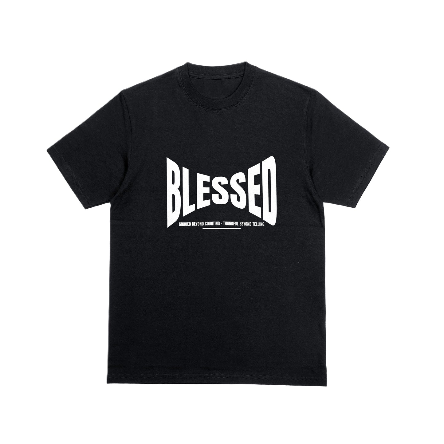 Black t-shirt with 'BLESSED' printed in white text