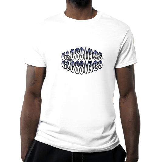 White t-shirt with 'Blessings on Blessings' text design on a white background