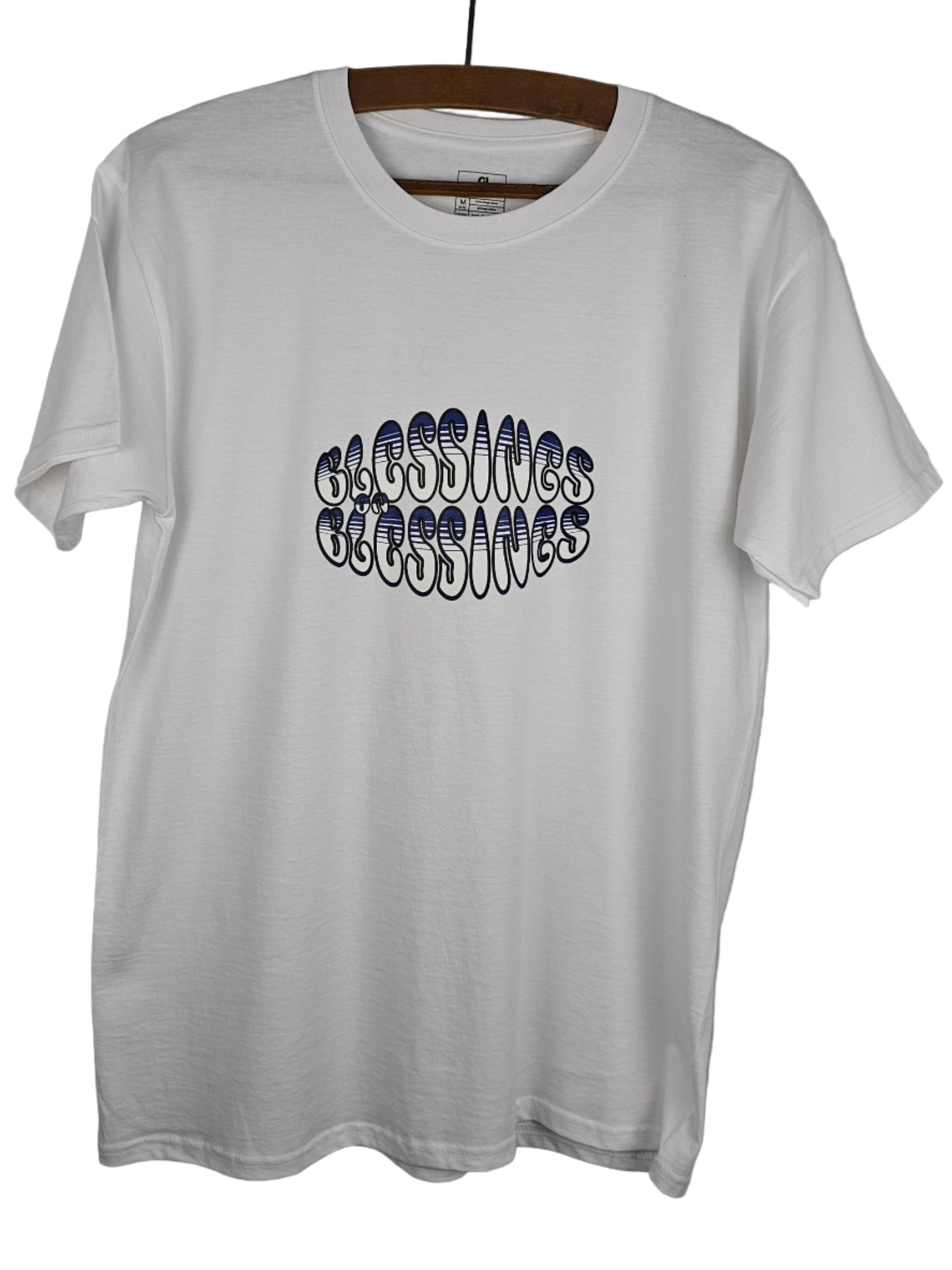 White t-shirt with 'Blessings on Blessings' text design on a white background