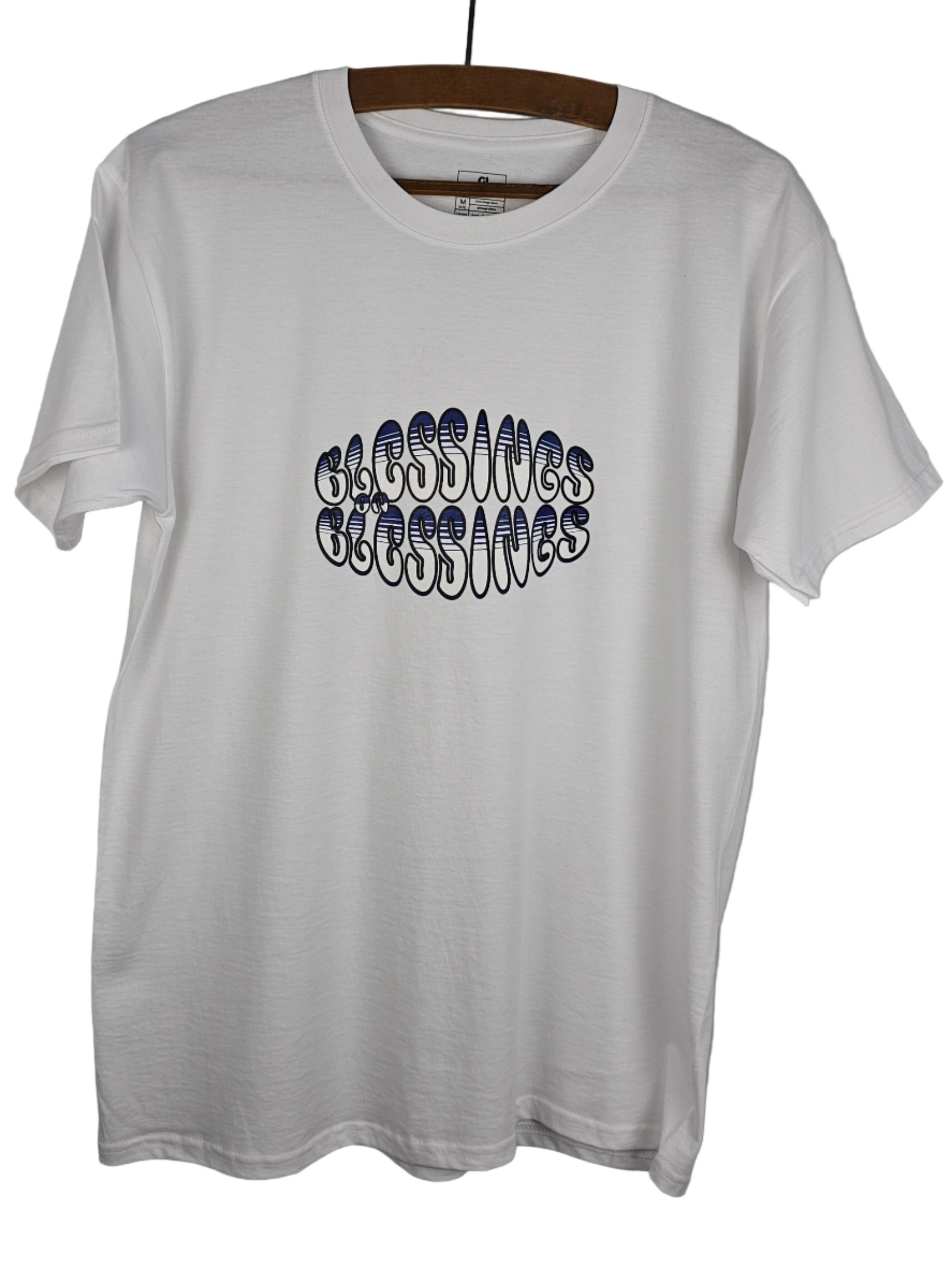 White t-shirt with 'Blessings on Blessings' text design on a white background
