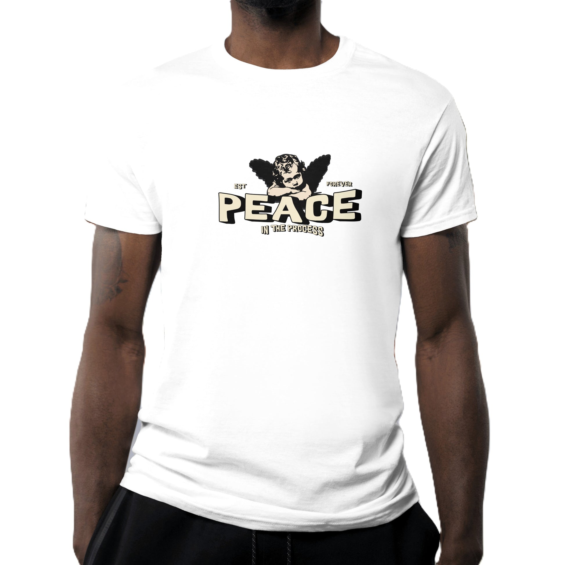 White t-shirt with 'PEACE' graphic design worn by a person on a white background