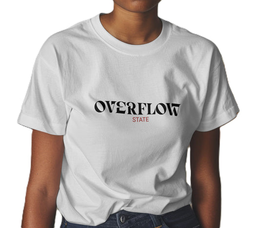 White t-shirt with 'OVERFLOW STATE' text with black and red text