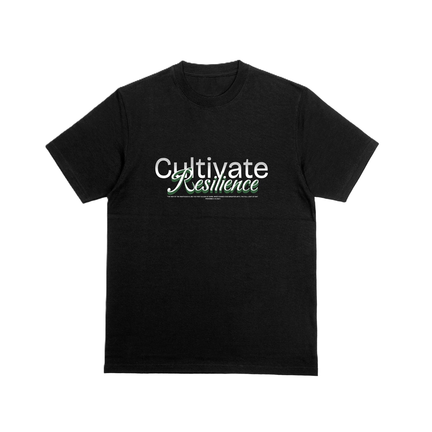 Black t-shirt with 'Cultivate Resilience' text on a white background